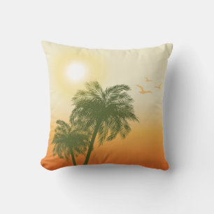 Orange Sun And Green Palm Trees Tropical Summer Cushion