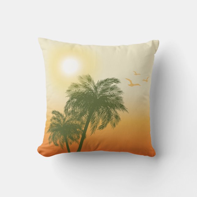 Orange Sun And Green Palm Trees Tropical Summer Cushion (Front)