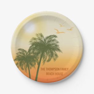Orange Sun And Green Palm Trees Tropical Summer Paper Plate