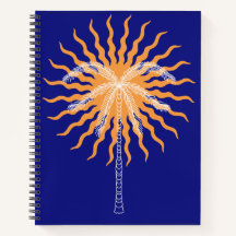Orange sun rays white line art palm tree