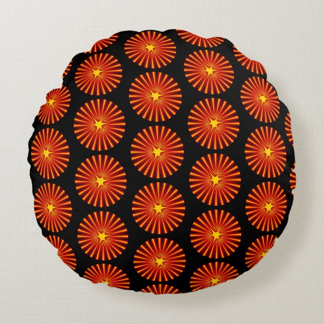Orange Sunburst Fractal Art Beach House Pattern Round Cushion (Front)