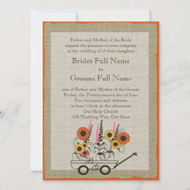 Orange Sunflower Country Wagon Wedding Invitation (Front)