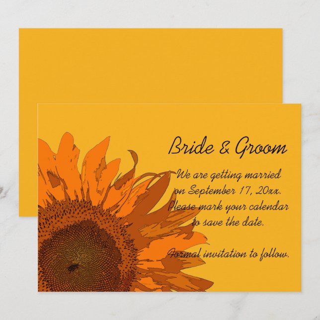 Orange Sunflower on Yellow Wedding Save the Date Invitation (Front/Back)