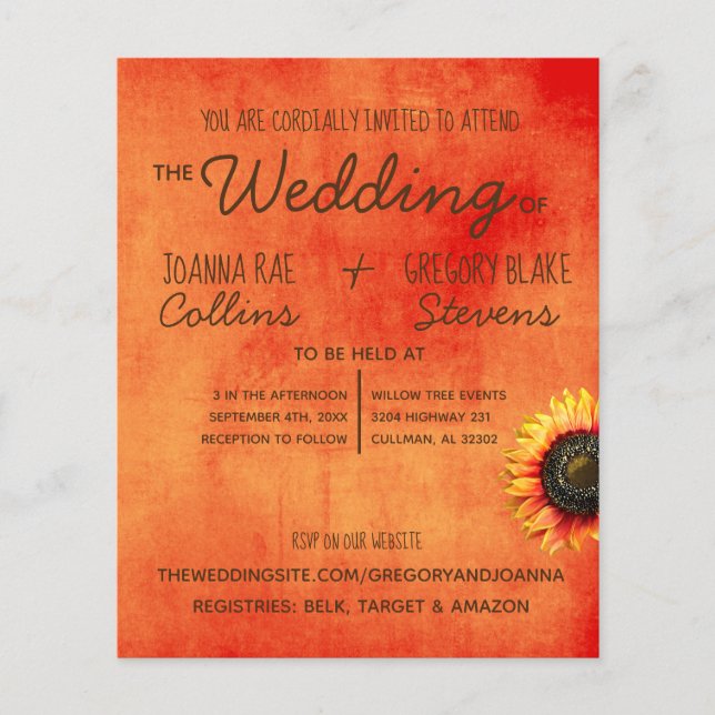 Orange Sunflower Wedding Invitation Flyer (Front)