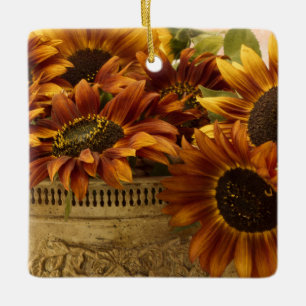 Orange Sunflowers In Tin Basket Ceramic Ornament