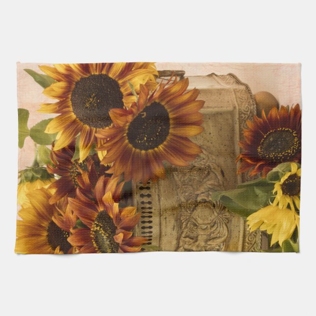 Orange Sunflowers In Tin Basket Tea Towel (Horizontal)