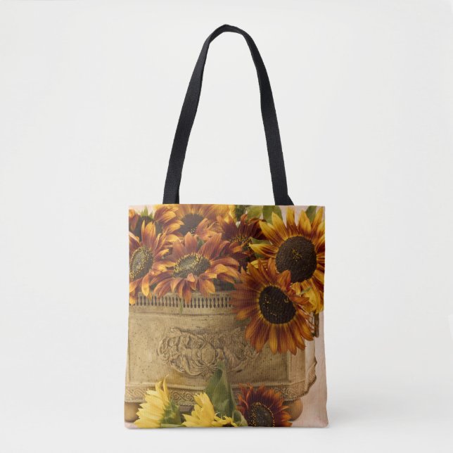 Orange Sunflowers In Tin Basket Tote Bag (Front)