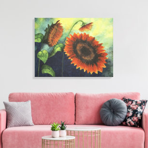 Orange Sunflowers Watercolor Painting on Canvas Print
