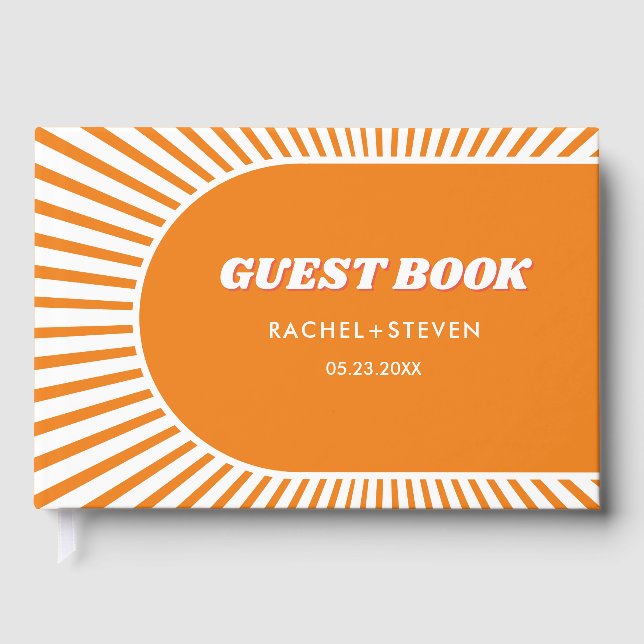 Orange sunrays retro pink 70s inspired wedding guest book (Front)