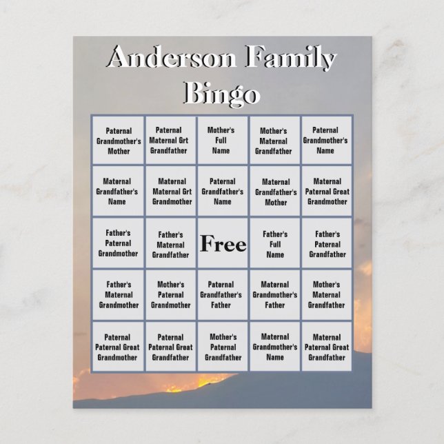 Orange Sunset and Mountain Family Photo Bingo  (Front)