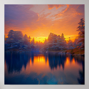 Orange Sunset at the Calm Forest Lake Poster