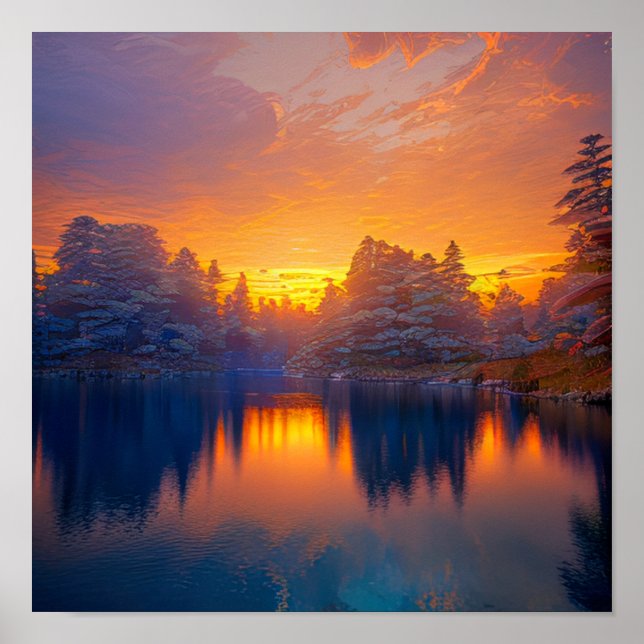 Orange Sunset at the Calm Forest Lake Poster (Front)