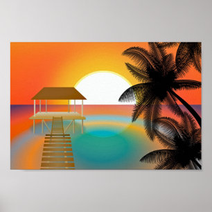 Orange Sunset Beach with Palm Tree Hut Poster