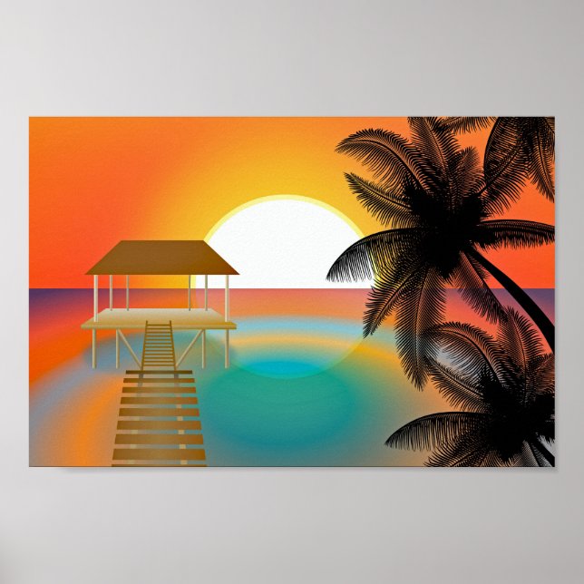 Orange Sunset Beach with Palm Tree Hut Poster (Front)