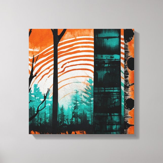 Orange sunset forest line Watercolor wall art (Front)