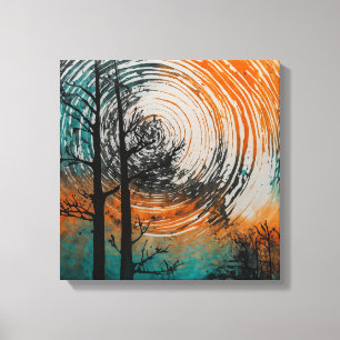 Orange sunset forest Watercolor wall art