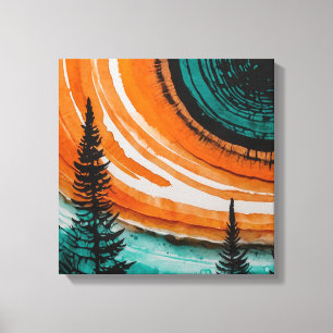 Orange sunset forest Watercolor wall art