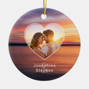 Orange Sunset Heart Couple Photo And Names Ceramic Tree Decoration