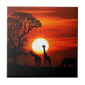 Orange Sunset in Africa w Giraffe Silhouette Tile