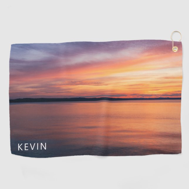 Orange Sunset Landscape Photo With Custom Name Golf Towel (Horizontal)
