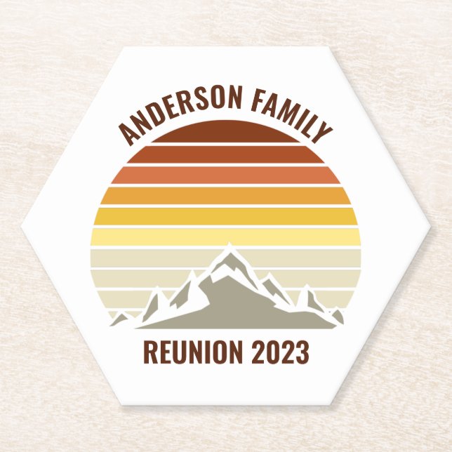 Orange Sunset Mountain Custom Family Reunion Party Paper Coaster (Front)
