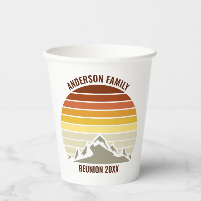 Orange Sunset Mountain Retro Family Reunion Party Paper Cups (Front)