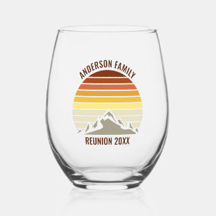 Orange Sunset Mountain Retro Family Reunion Party Stemless Wine Glass