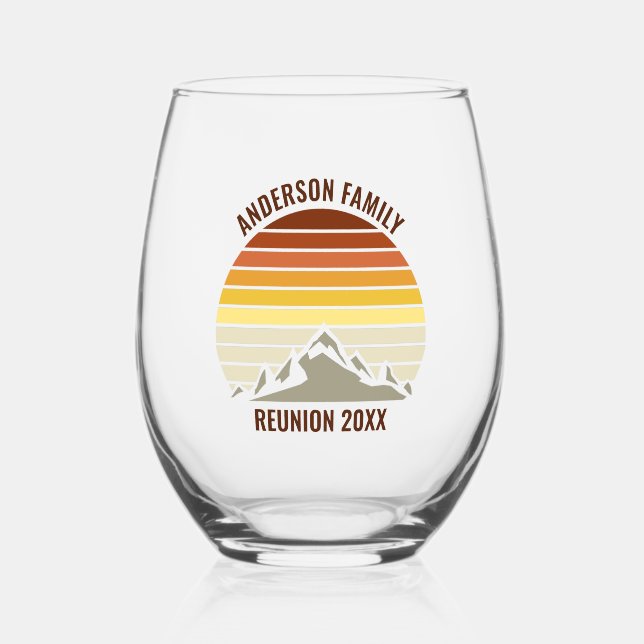 Orange Sunset Mountain Retro Family Reunion Party Stemless Wine Glass (Front)