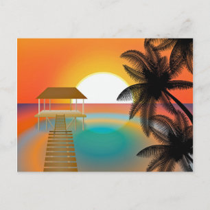 Orange Sunset on Beach with Palm Trees Drawing Postcard