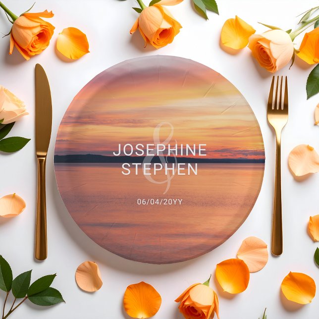 Orange Sunset Over Lake Couple's Names Wedding Paper Plate (Creator Uploaded)
