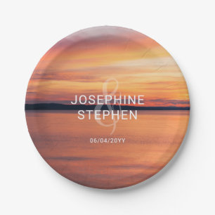 Orange Sunset Over Lake Couple's Names Wedding Paper Plate