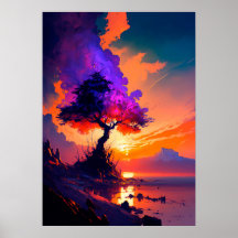 Orange Sunset Sky over water with Purple Tree