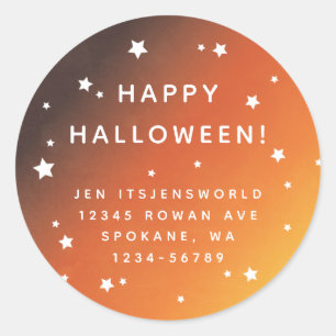 Orange Sunset + White Stars Custom Text/Address Classic Round Sticker