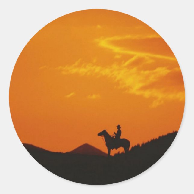 Orange Sunset with Cowboy Silhouette Classic Round Sticker (Front)