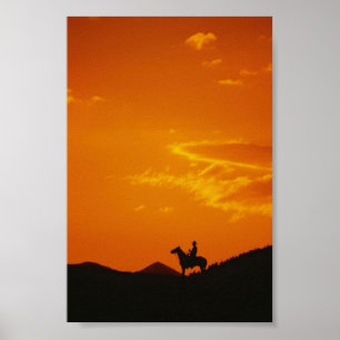 Orange Sunset with Cowboy Silhouette Poster