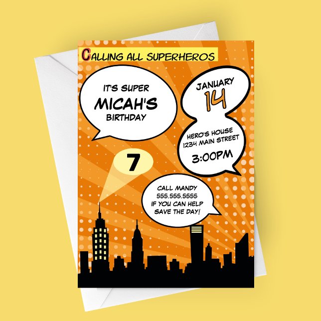 Orange Superheros Comic Book Styled Birthday Party Invitation (Orange Comic Book Superheros Birthday Party Invitation)