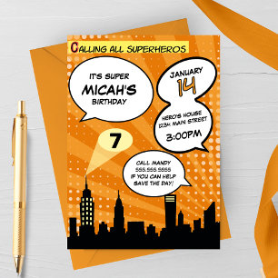 Orange Superheros Comic Book Styled Birthday Party Invitation