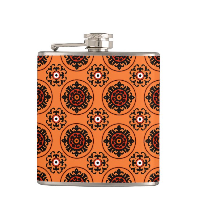 Orange Suzani Pattern Hip Flask (Front)