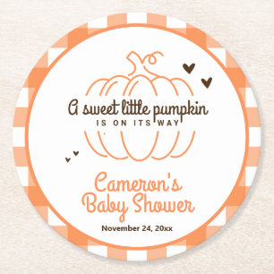 Orange Sweet Little Pumpkin Fall Baby Shower Round Paper Coaster