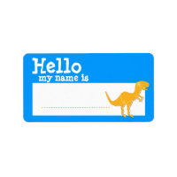 Orange T-Rex Hello My Name is Name Badge Blue