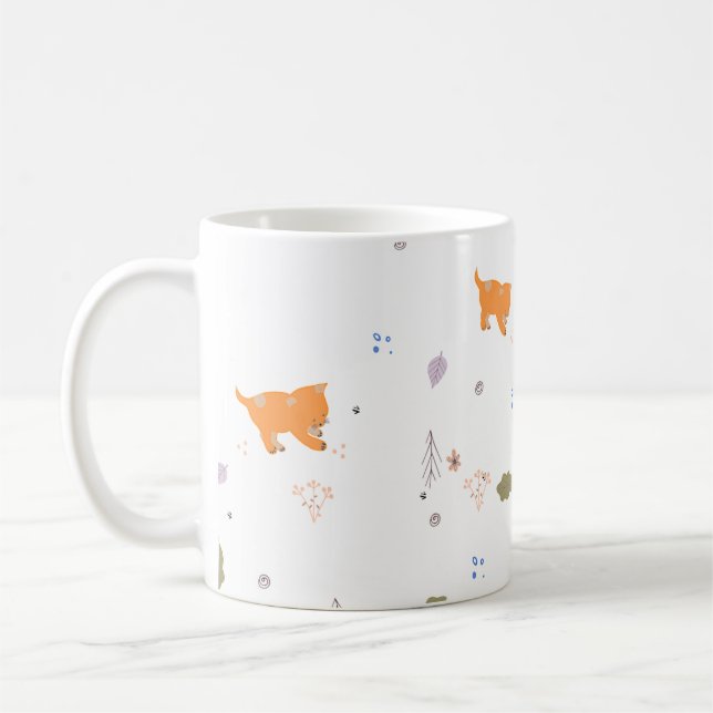 Orange Tabby and Leaves Pattern  Coffee Mug (Left)