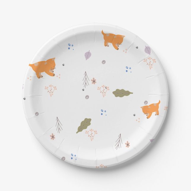 Orange Tabby and Leaves Pattern  Paper Plate (Front)