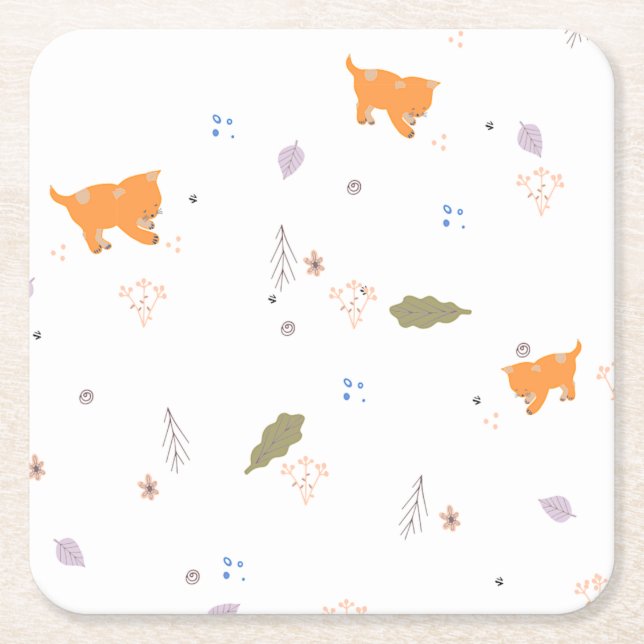 Orange Tabby and Leaves Pattern  Square Paper Coaster (Front)