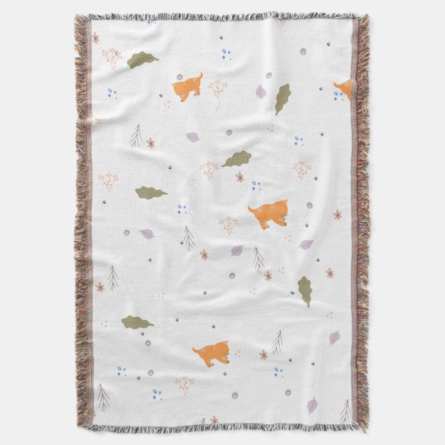 Orange Tabby and Leaves Pattern  Throw Blanket (Front Vertical)