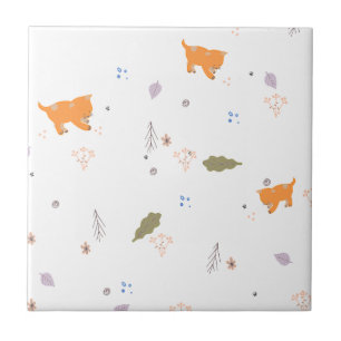Orange Tabby and Leaves Pattern Tile