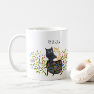 Orange tabby Cat and Black Cat in Flowers Custom Coffee Mug