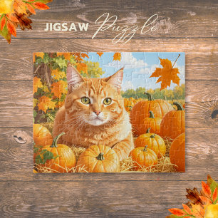 Orange Tabby Cat and Harvest Pumpkins Jigsaw Puzzle