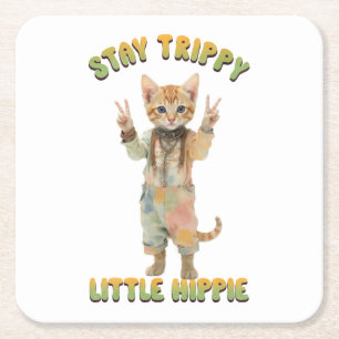 Orange Tabby Cat Boho Stay Trippy Little Hippie Square Paper Coaster