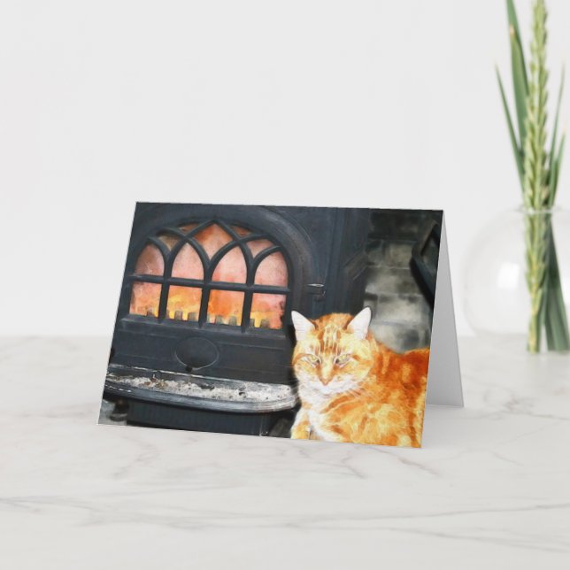 Orange Tabby Cat By Fire Note Card (Front)