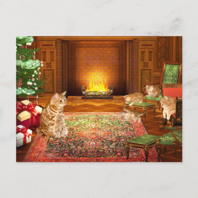 Orange tabby cat Christmas family Holiday Postcard (Front)